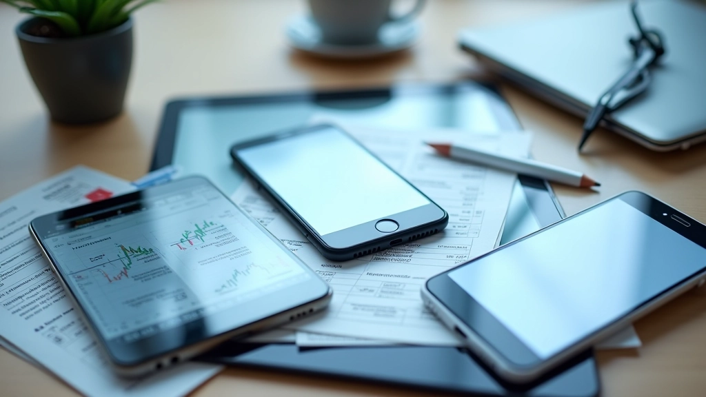 Mehrere Smartphones und Tablets auf Tisch mit Broker-Plattformen