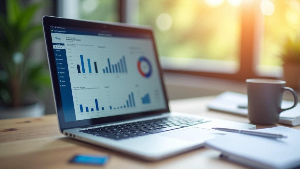 Laptop mit Finanzdiagrammen und Notizblock auf Schreibtisch mit Kaffee