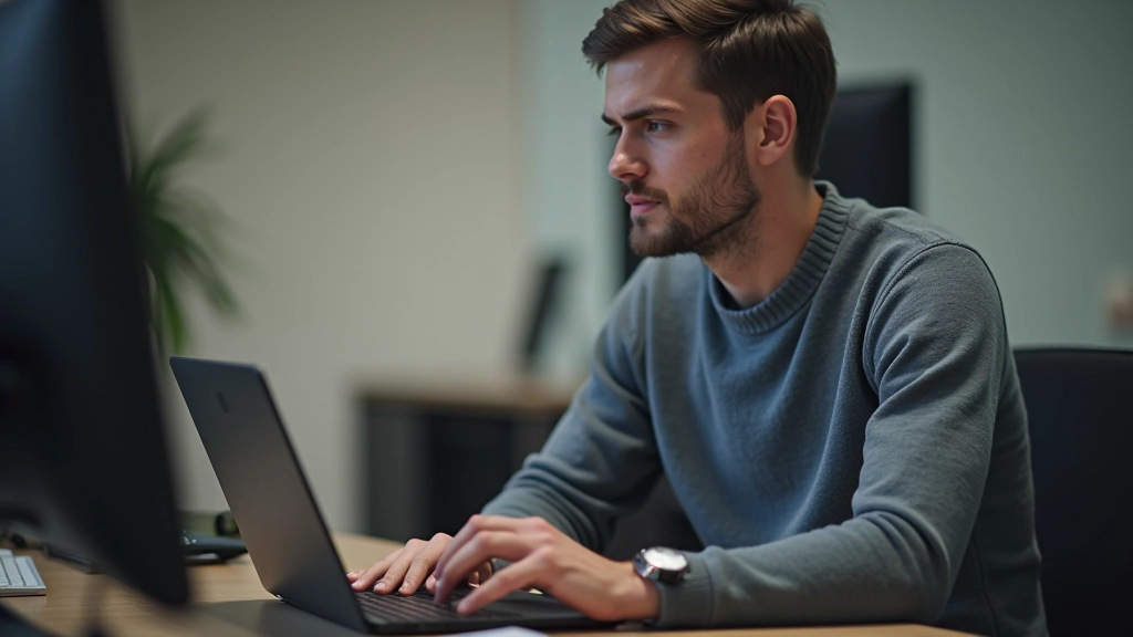 Person sitzt am Schreibtisch mit Laptop und betrachtet verschiedene Finanzportale, nachdenklicher Gesichtsausdruck