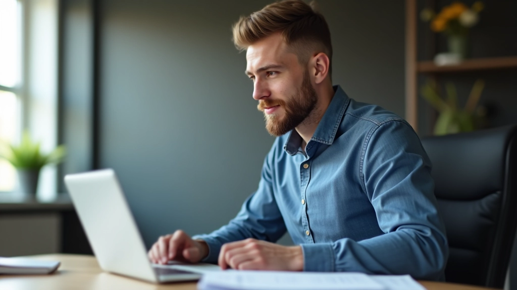 Person am Schreibtisch mit Laptop, betrachtet Investitionsdiagramme und Notizen zur Finanzplanung
