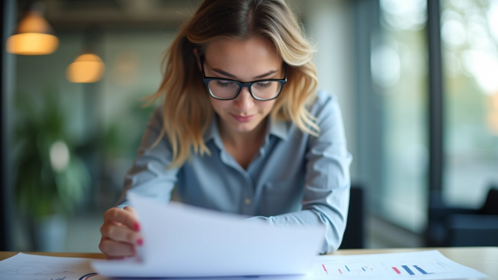 Frau schaut konzentriert auf Finanzunterlagen und Grafiken am Schreibtisch