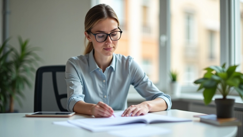 Frau mit Brille schaut auf Finanzberichtsdokumente am Schreibtisch